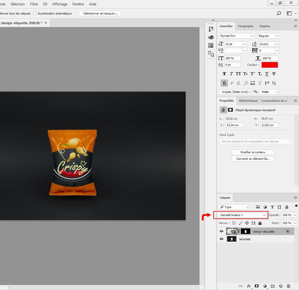 Capture d'écran du réglage de masque de fusion sur photoshop et le résultat final de l'etiquétage et mockup